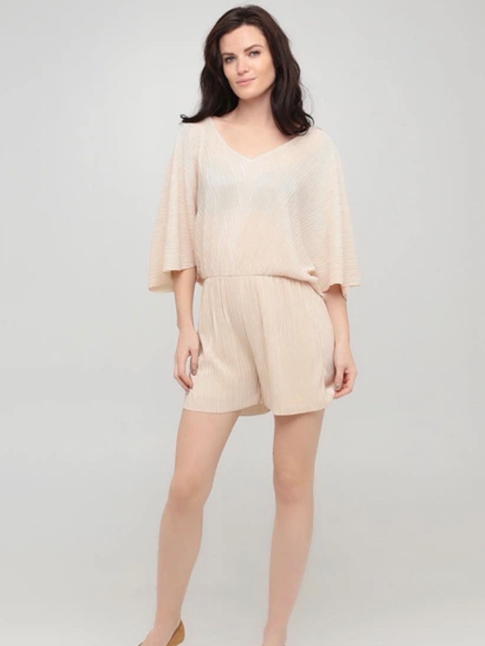 Bershka Beige Ribbed V-Neck Short Romper
